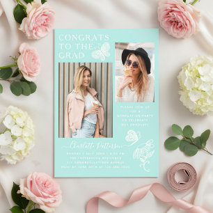 Invitations En Acrylique Fête de fin d'études avec papillon vert menthe mod