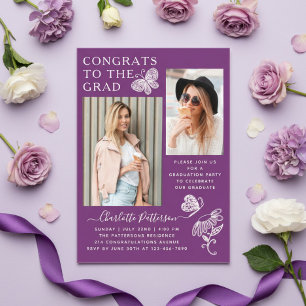 Invitations En Acrylique Fête de fin d'études avec photo de papillon violet