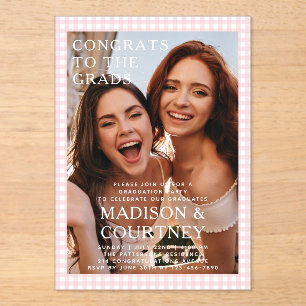 Invitations En Acrylique Fête de fin d'études en rose et à carreaux Photo d