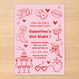 Invitations En Acrylique Fête de Galentine, Saint Valentin de Nuit Dessiné