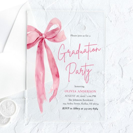 Invitations En Acrylique Fête de graduation de la bow rose et blush moderne