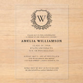 Invitations En Acrylique Fête de graduation du Monogramme de la crête blanc (Recto)