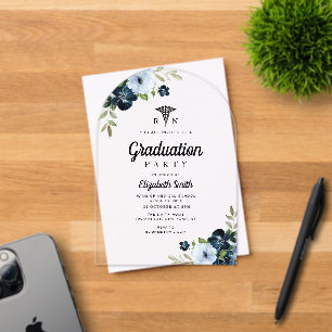 Invitations En Acrylique fête de graduation en soins infirmiers floral bleu