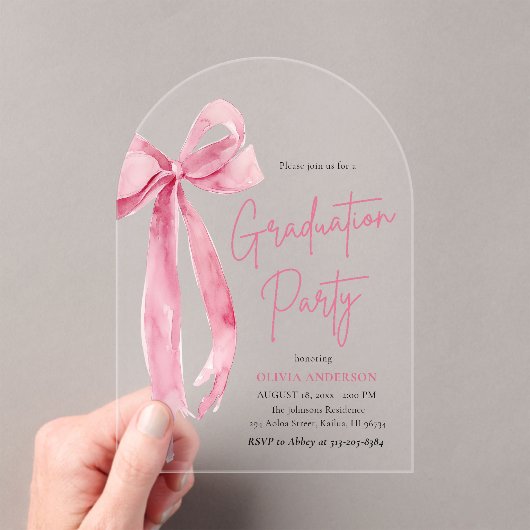 Invitations En Acrylique Fête de graduation moderne Blush Pink Bow Arched (In situ (ordinateur de poche))