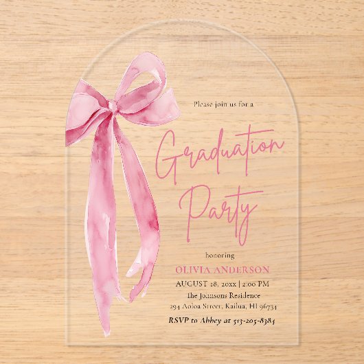 Invitations En Acrylique Fête de graduation moderne Blush Pink Bow Arched (Recto)
