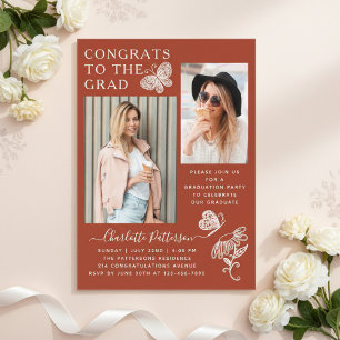 Invitations En Acrylique Fête de graduation photo papillon Brown moderne