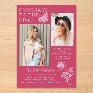 Invitations En Acrylique Fête de graduation photo papillon Fuchsia moderne