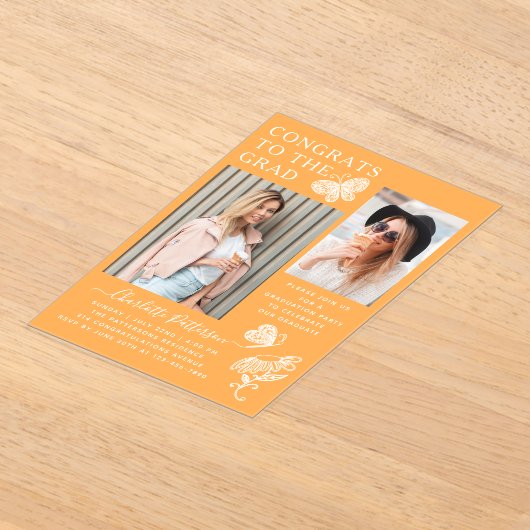 Invitations En Acrylique Fête de graduation photo papillon Mango moderne (Poser)