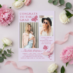 Invitations En Acrylique Fête de graduation Photo Papillon rose clair moder