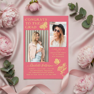 Invitations En Acrylique Fête de graduation photo papillon rose moderne