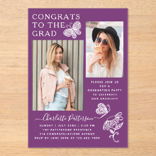 Invitations En Acrylique Fête de graduation photo papillon violet moderne