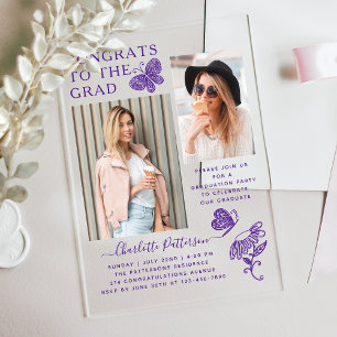 Invitations En Acrylique Fête de graduation photo papillon violet moderne