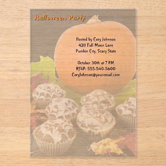 Invitations En Acrylique Fête de l'Halloween citrouille et cupcakes (Recto)