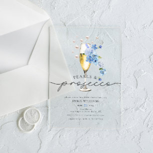 Invitations En Acrylique Fête de mariage Dusty Blue Floral Perles & Prosecc