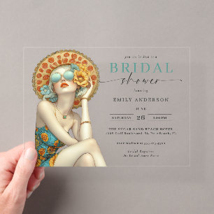 Invitations En Acrylique Fête de Mariage Glamour au Bord de la Mer Piscine