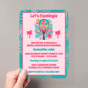 Invitations En Acrylique Fête de Mariage Rétro Tropical Flamant Rose Pickle