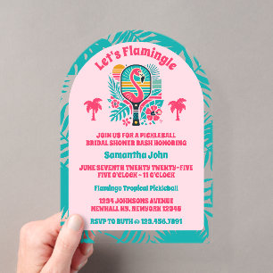 Invitations En Acrylique Fête de Mariage Rétro Tropical Flamant Rose Pickle