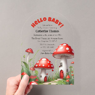 Invitations En Acrylique Fête de naissance Bébé Bois Champignon Rouge