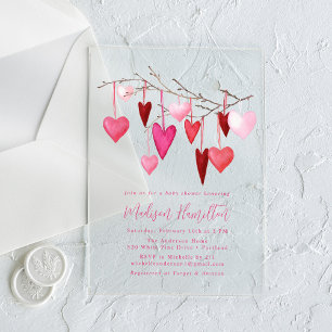 Invitations En Acrylique Fête de naissance Branche de cœur rose et rouge aq