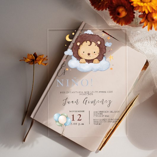 Invitations En Acrylique Fête de naissance d'un garçon espagnol Lion Code Q