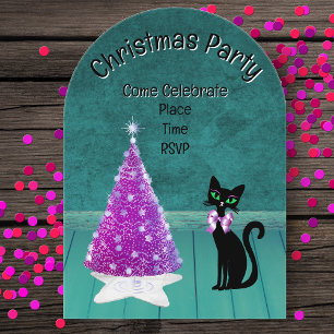 Invitations En Acrylique Fête de Noël Arbre Rose Chat Noir Salle Sarcelle