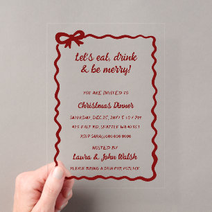 Invitations En Acrylique Fête de Noël avec un nœud rouge dessiné à la main