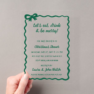 Invitations En Acrylique Fête de Noël avec un nœud vert dessiné à la main D