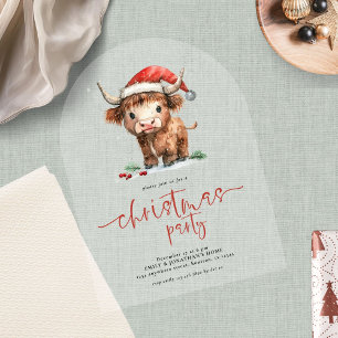 Invitations En Acrylique Fête de Noël avec une jolie vache des Highlands