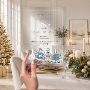 Invitations En Acrylique Fête de Noël bleu ciel aux oies