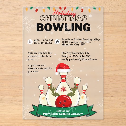 Invitations En Acrylique Fête de Noël Bowling de neige (Recto)