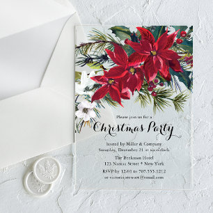 Invitations En Acrylique Fête de Noël d'entreprise Poinsettia Bourgogne