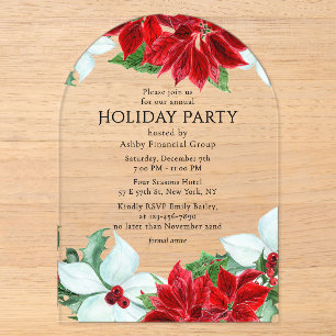 Invitations En Acrylique Fête de Noël d'entreprise Poinsettia Rouge Blanc