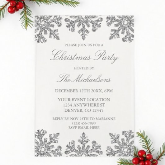 Invitations En Acrylique Fête de Noël d'hiver Silver Snowflake