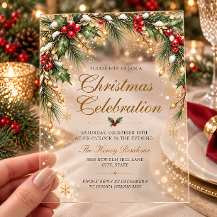 Invitations En Acrylique Fête de Noël élégante au pin de houx doré