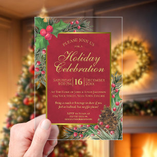 Invitations En Acrylique Fête de Noël festive avec houx et pin