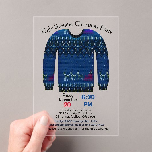 Invitations En Acrylique Fête de Noël moche, Bleu avec cerf (In situ (ordinateur de poche))