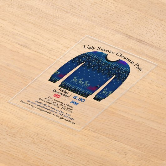 Invitations En Acrylique Fête de Noël moche, Bleu avec cerf (Poser)