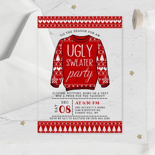 Invitations En Acrylique Fête de Noël rouge moche