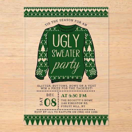 Invitations En Acrylique Fête de Noël vert moche (Recto)