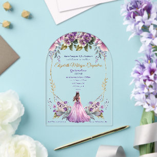 Invitations En Acrylique Fête de Quinceañera aux fleurs de lilas lavande