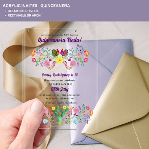 Invitations En Acrylique Fête de Quinceanera en acrylique, fleurs folkloriq
