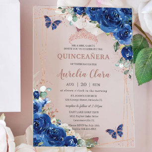Invitations En Acrylique Fête de Quinceañera Rose Gold et Fleur Bleu Royal