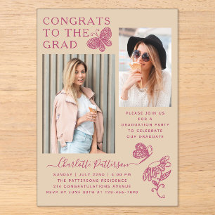 Invitations En Acrylique Fête de remise de diplômes photo papillon rose bei