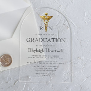 Invitations En Acrylique Fête de remise des diplômes Caducée Or Infirmière