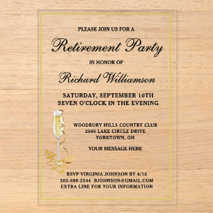 Invitations En Acrylique Fête de retraite élégant noir et or