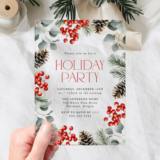 Invitations En Acrylique Fête de vacances Elegant Holly Berries et Pinecone