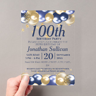 Invitations En Acrylique Fête des 100 ans Ballons dorés Navy