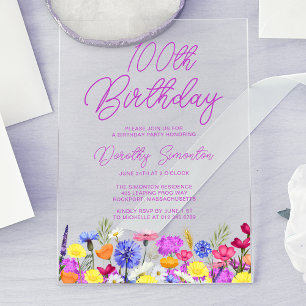 Invitations En Acrylique Fête des 100 ans Fleur sauvage violette