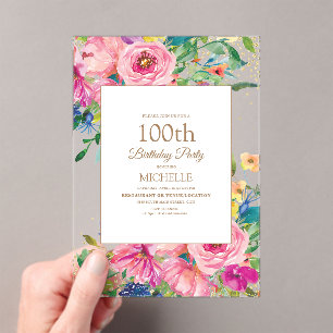 Invitations En Acrylique Fête des 100 ans Fleurs Rose Jaune Paillettes Doré