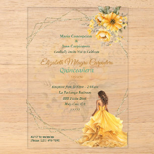 Invitations En Acrylique Fête des 15 ans Fleur Jaune